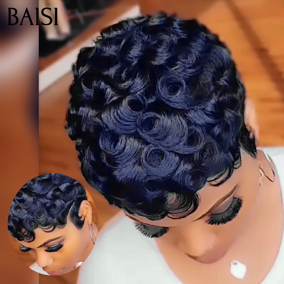 BAISI Offre Flash Chioma avec Frontale 58€ ou 13X4 lace Frontal Perruque Pixie vague En Couleur noir en 100% Cheveux Humains #996