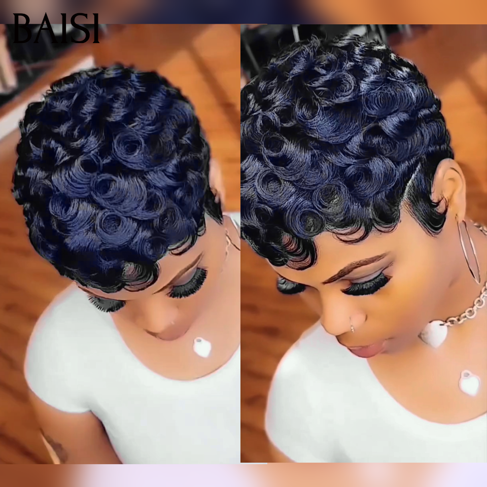 BAISI Offre Flash Chioma avec Frontale 58€ ou 13X4 lace Frontal Perruque Pixie vague En Couleur noir en 100% Cheveux Humains #996