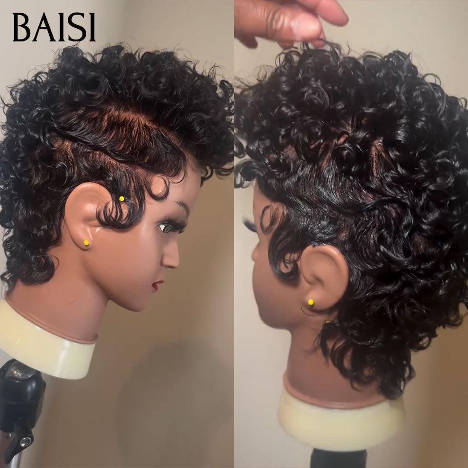 Parrucca ondulata BAISI Taglio pixie taglio intero in pizzo Onda con dita taglio piccolo in colore nero in capelli umani al 100% BS50