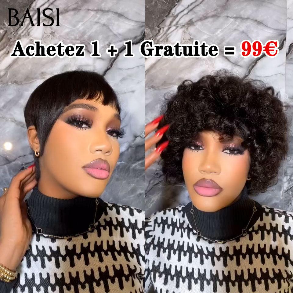 BAISI 1 Acheté + 1 Gratuit = 99€ Perruque sans lace pixie et bob egg wave avec frange 12 pouces en cheveux humains (pas besoin de code)