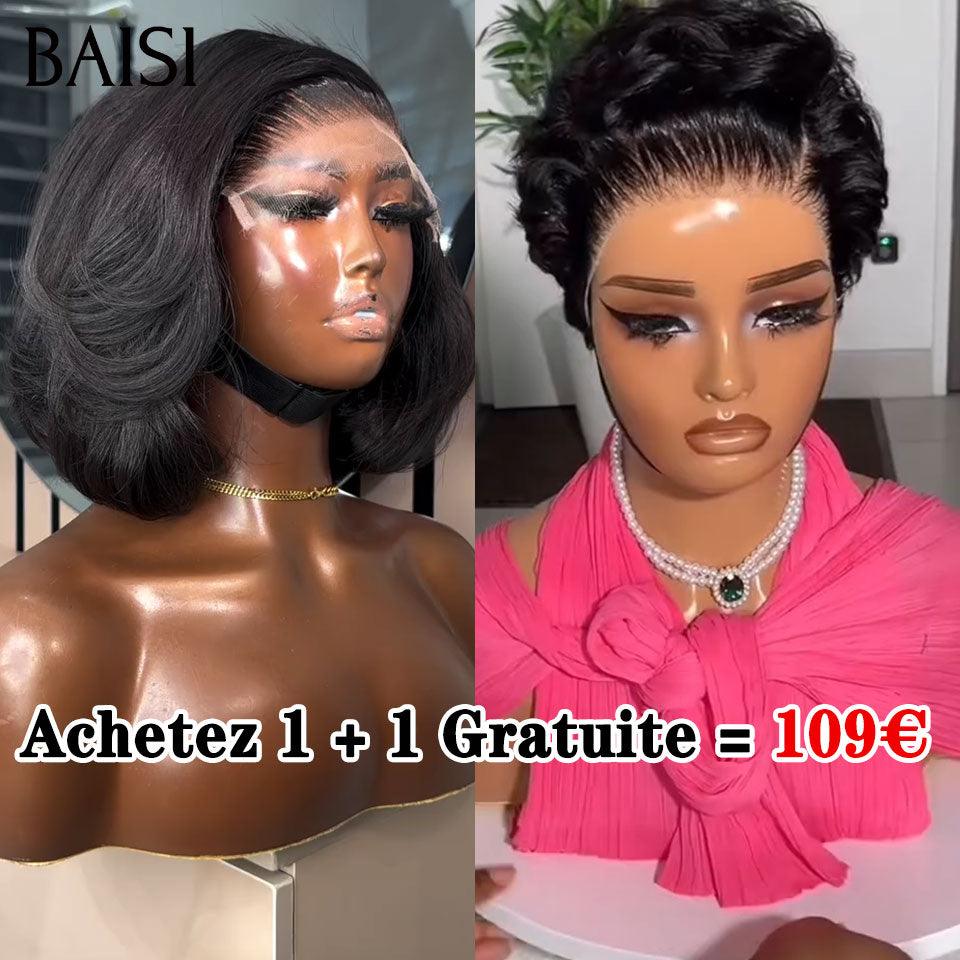 BAISI Achetez 1 + 1 Gratuite = 179€ lisse 1BT4# et 13X4 bouclé wave 14 pouces ou 1 Acheté + 1 Gratuit = 109€ Perruque 13X4 lace pixie et 4X4 bob lisse 8 pouces en 100% vrais cheveux humains BS60
