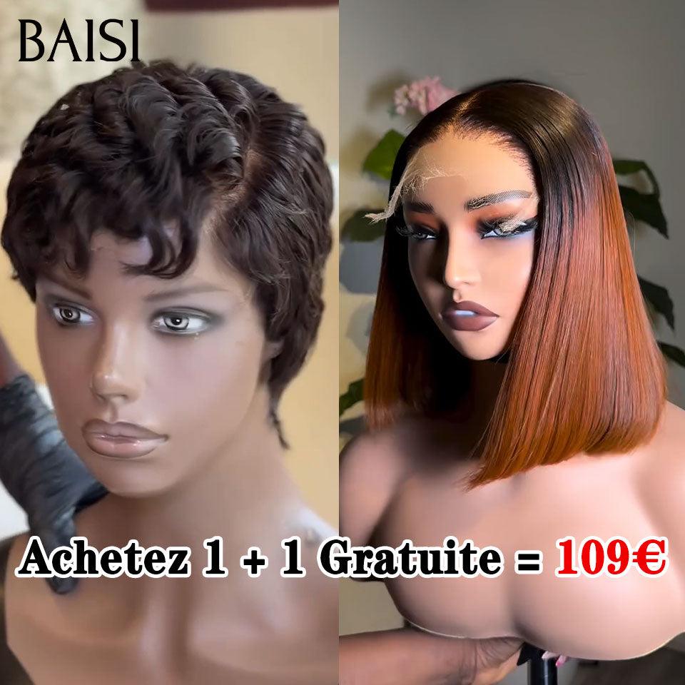 BAISI 1 Acheté + 1 Gratuite = 109€ sans colle finger wave pixie et 4X4 lace Lisse 1BT4# 8 Pouces en 100% vrais cheveux humains