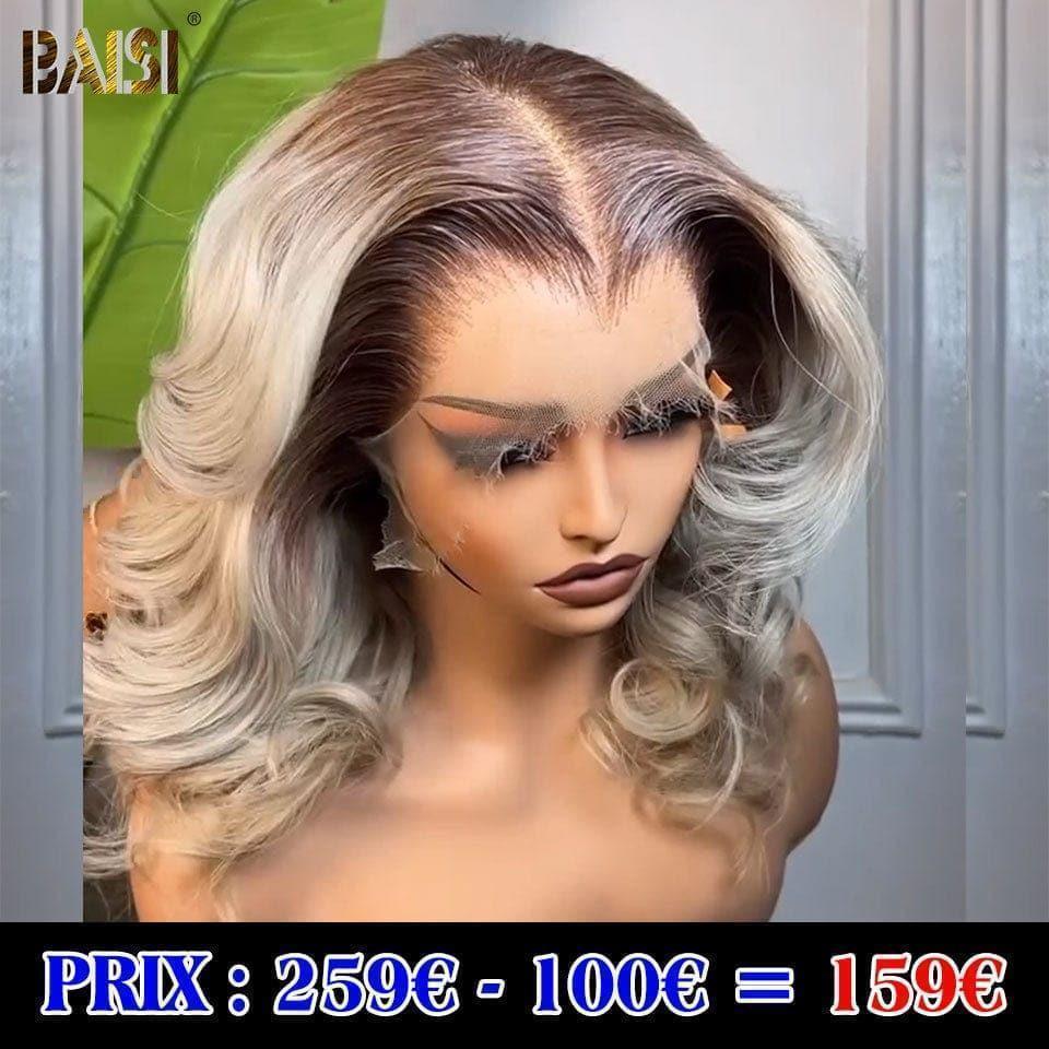 BAISI Collection Poivre et Sel 13x4 Frontal Perruque Body wave 16 pouces En Couleur marron4#/gris VIP100
