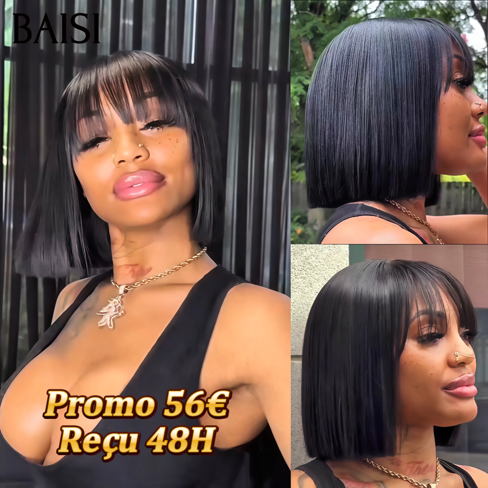 BAISI 15A SDD BONE STRAIGHT Vietnamese Hair bob Perruques 8 Pouces 75€ de Luxe Lisse bob sans lace avec frange A1 Fabriquées par les cheveux double drawn
