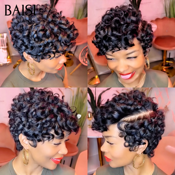 BAISI Prix perruque chioma ou 50€ Perruque Pixie Afro curly bouclé Noir sans lace sans colle ou 4X4 lace Lisse 14 Pouces en 100% cheveux humains MP50