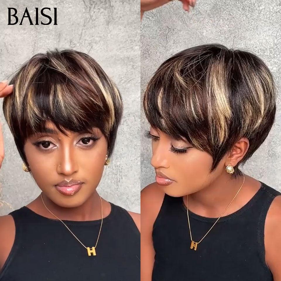 BAISI Perruque Pixie Lisse en couleur Mixte 58€ moitié prix sans colle sans lace 100% Cheveux Humains Fabriqué à la Machine MP50