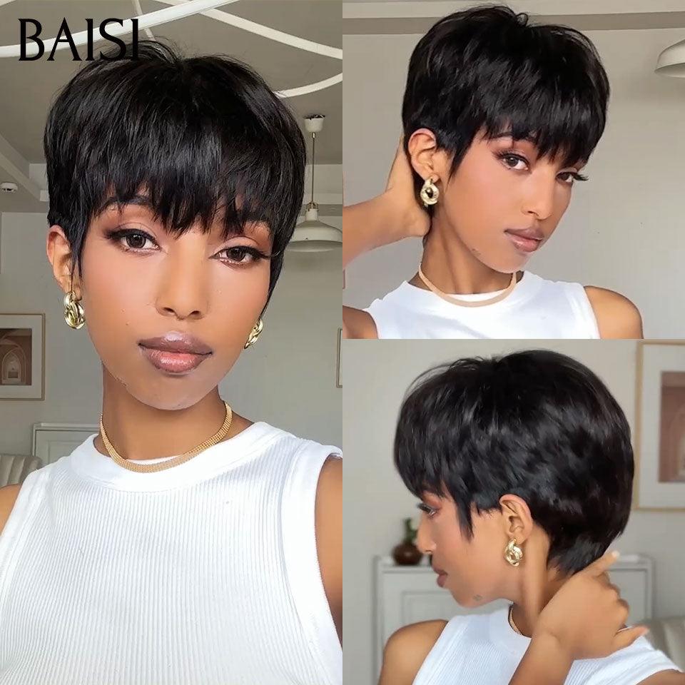 BAISI Perruque Lisse En couleur NATUREL Pixie à la mode Promo Prix 55€ sans Colle en 100% Cheveux Humains #026 BS65