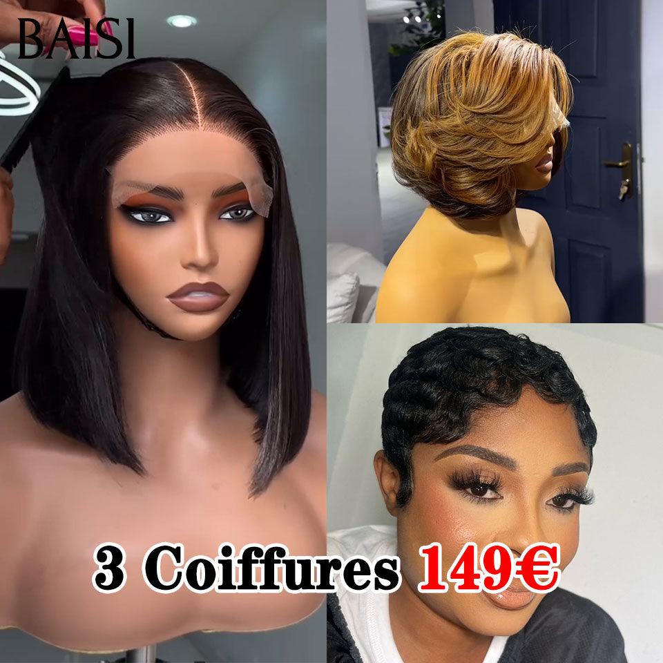 BAISI vente flash 3 Coiffures 149€ 4X4 Lisse 10 Pouces et 13X4 Lisse 4/27# 6 Pouces et pixie NOIR ou 4 perruques 13x4 Lace Frontal en 100% vrais cheveux humains 500 euro