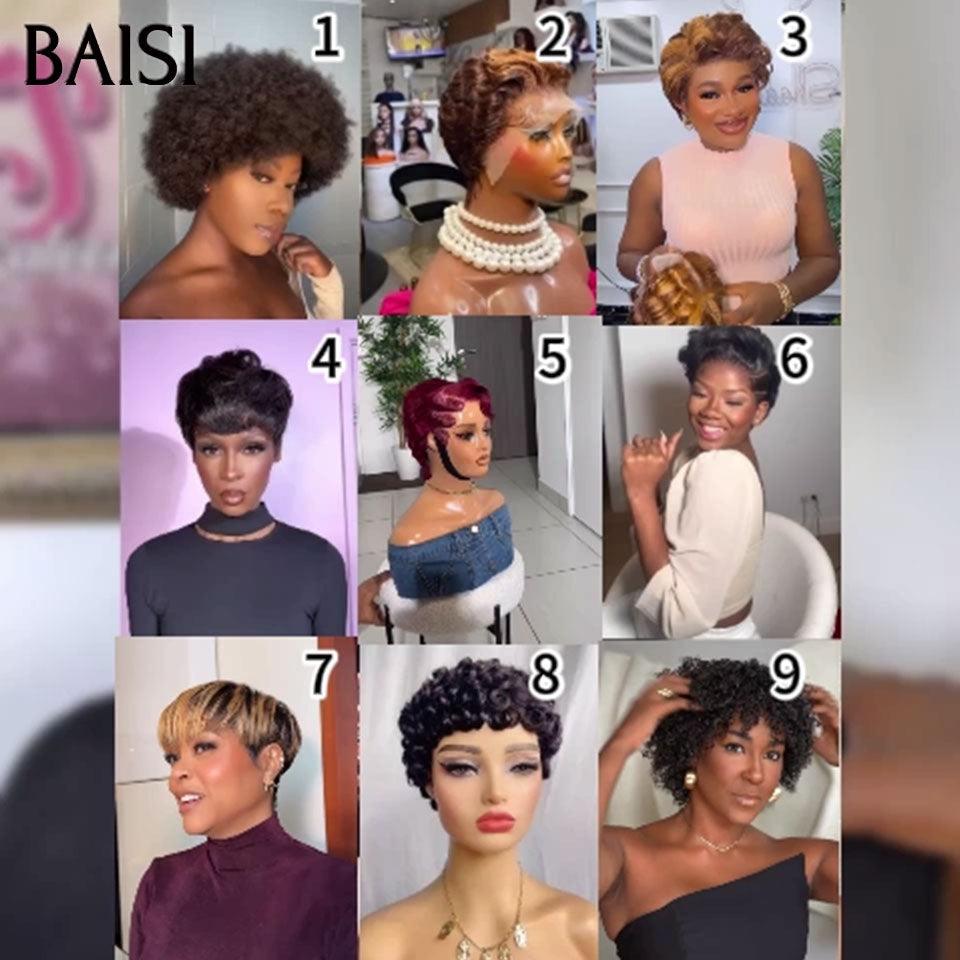 BAISI 3 perruques au choix 89€ ajouter dans le panier un par un au prix d'usine fournisseur coiffure Personnalisée boucle sans colle 10 différentes types de perruques pixie vente en gros pour revendre (Pas Besoin de Code)