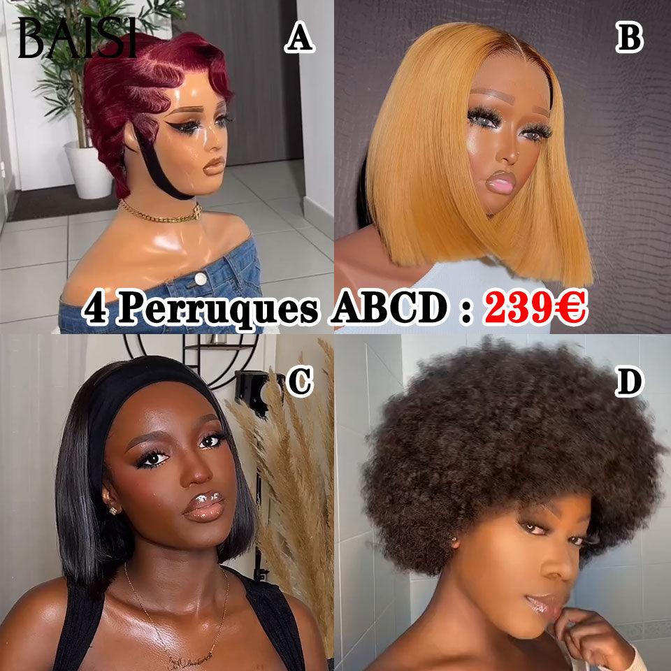 BAISI 4 Perruques 239€ 13X4 pixie 99J# et 2x6 Lisse 8 Pouces et sans Colle afro curly ou pixie curly wave sans lace sans colle Noir 58€ en 100% Cheveux Humains