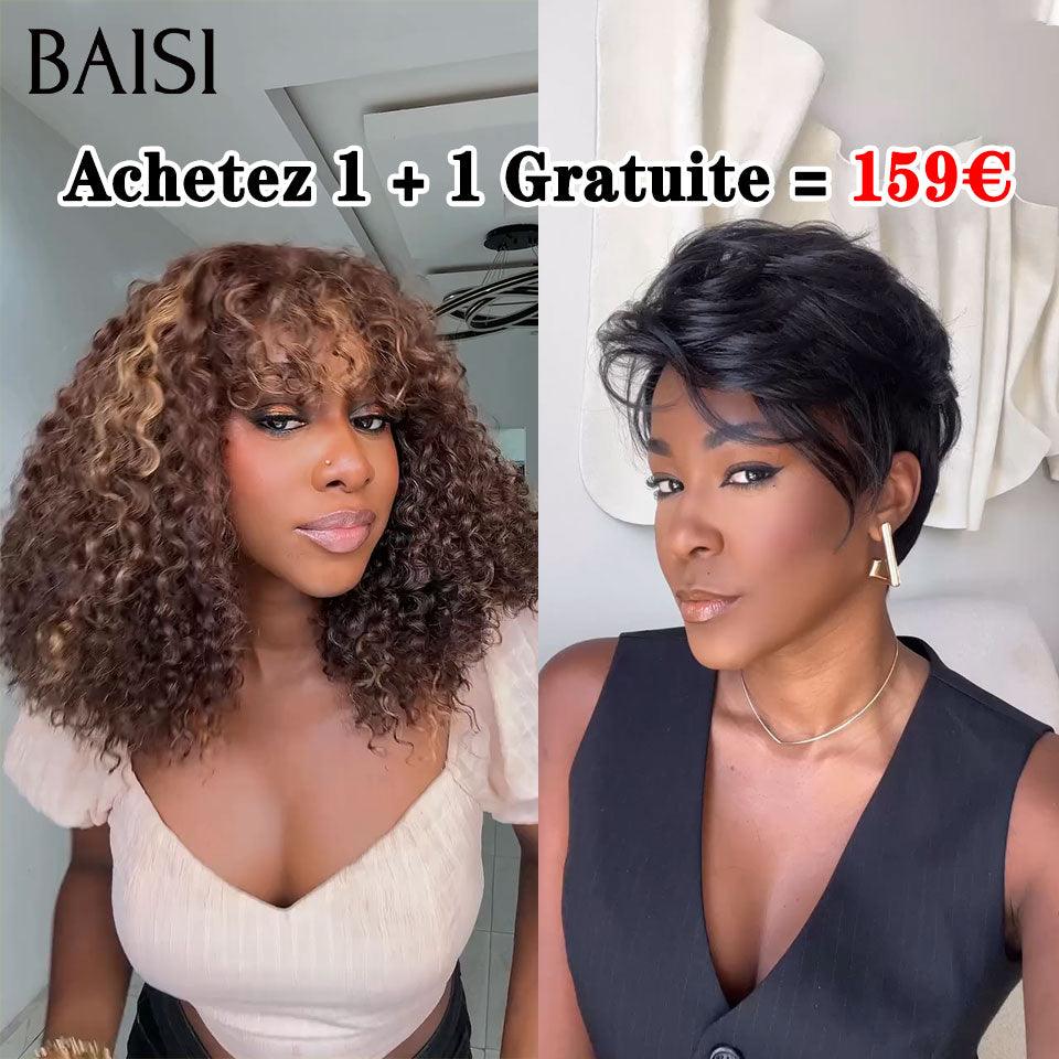 BAISI Achetez 1 + 1 Gratuite = 159€ Bob curly wave avec Frange et pixie Lisse ou Perruque Pixie Finger Wave petite coupe fabriqué à la machine 57€ En 100% Cheveux Humains