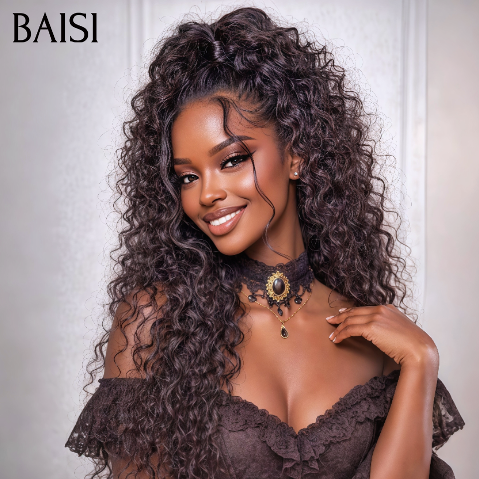 BAISI 13X4 Lace Perruque deep wave avec Chignon de nattes en Couleur NOIR en 100% Cheveux Humains