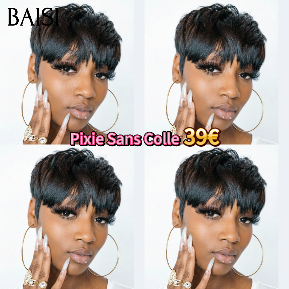 BAISI Pixie Sans Colle 39€ ou 13X4 lace Perruque Pixie Lisse en couleur Marron Mixte blonde 98€ moitié prix 100% Cheveux Humains MP50