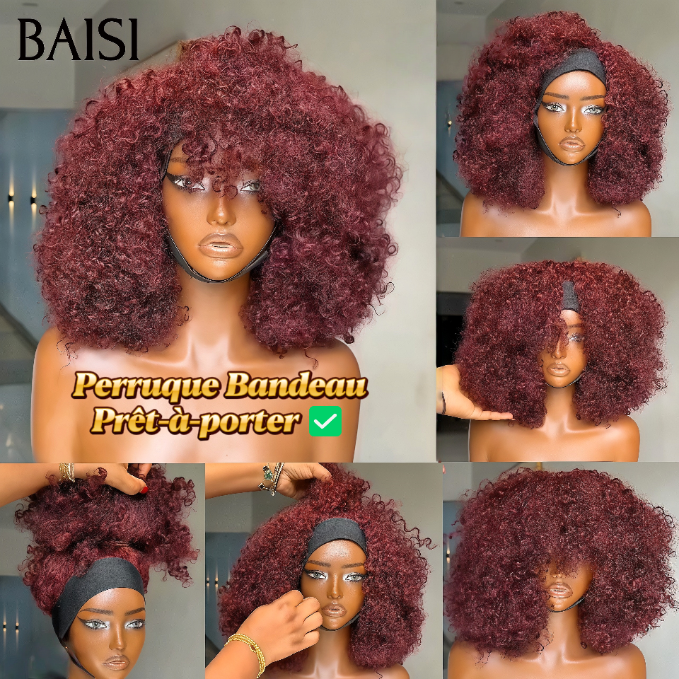 BAISI Perruque Bandeau BOB Prêt-à-porter kinky curly 14 Pouces 400% Volume couleur 33# Fabriquée A La Machine sans Colle sans lace en 100% Cheveux Humains