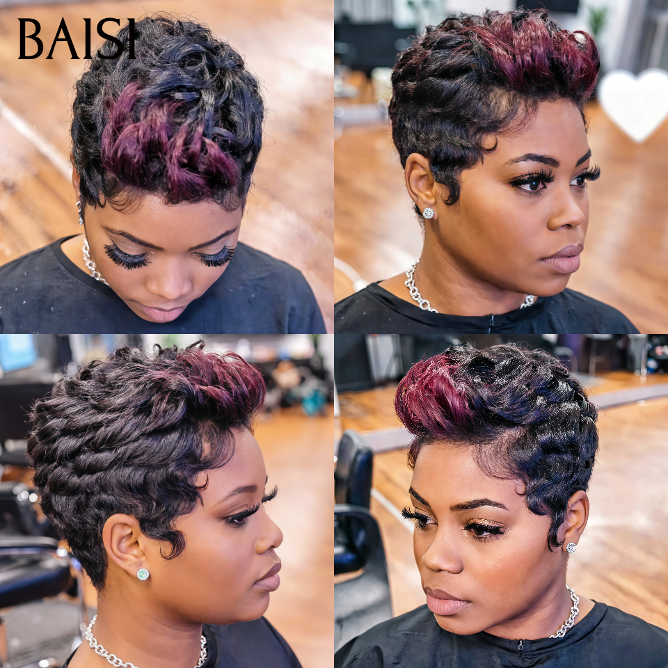 Pixie 69€ PROMO Maintenant 13X4 lace frontal Perruques NOIR Mixte bordeaux en 100% vrais cheveux humains