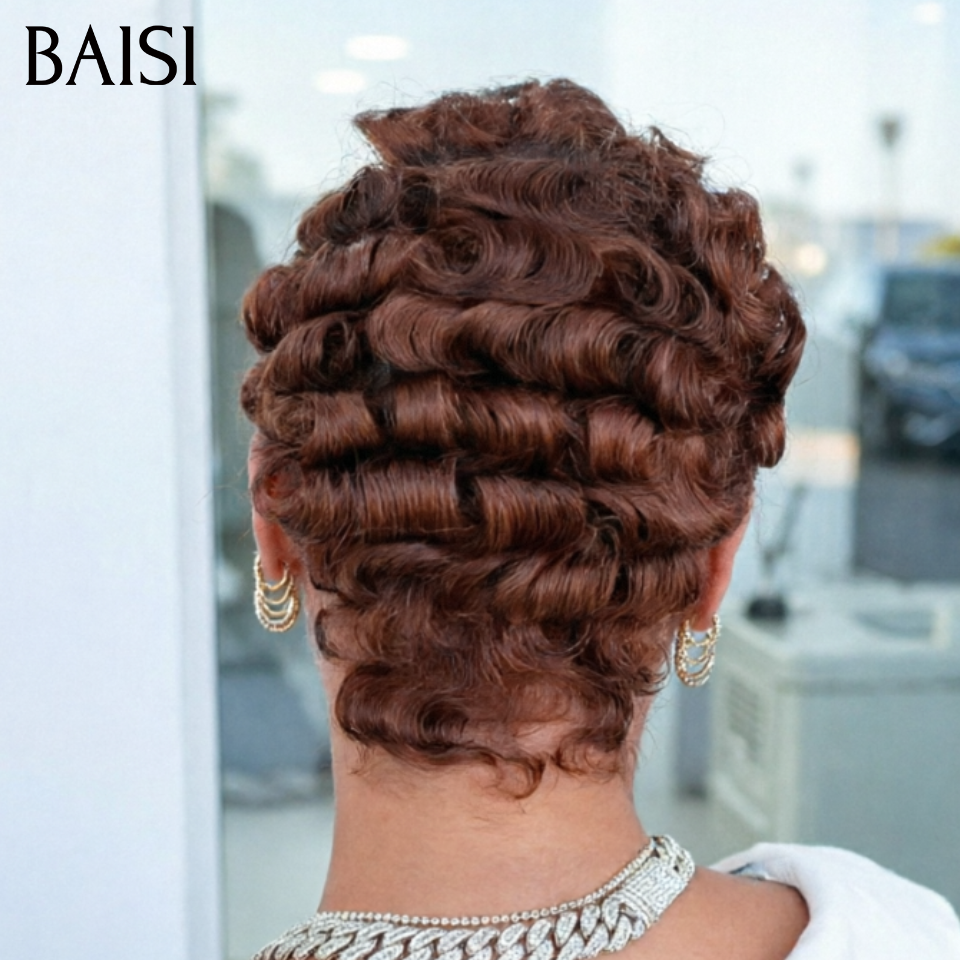 BAISI Perruque chioma Pixie Finger Wave petite coupe fabriqué à la machine en Couleur marron 6 Pouces En 100% Cheveux Humains MP50