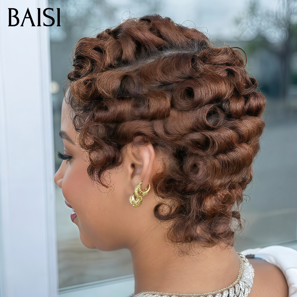 BAISI Perruque chioma Pixie Finger Wave petite coupe fabriqué à la machine en Couleur marron 6 Pouces En 100% Cheveux Humains MP50