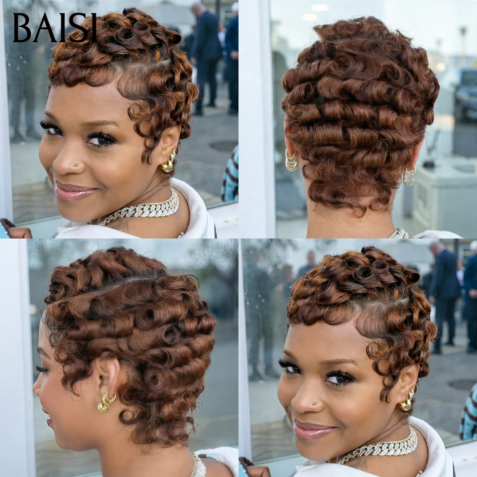 BAISI Perruque chioma Pixie Finger Wave petite coupe fabriqué à la machine en Couleur marron 6 Pouces En 100% Cheveux Humains MP50