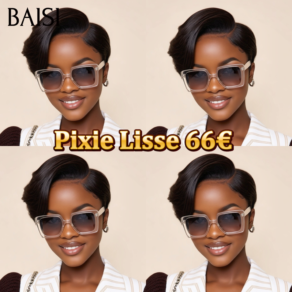 BAISI Promo 66€ Perruque 13X4 lace pixie Lisse NOIR en 100% Cheveux Humains FR38