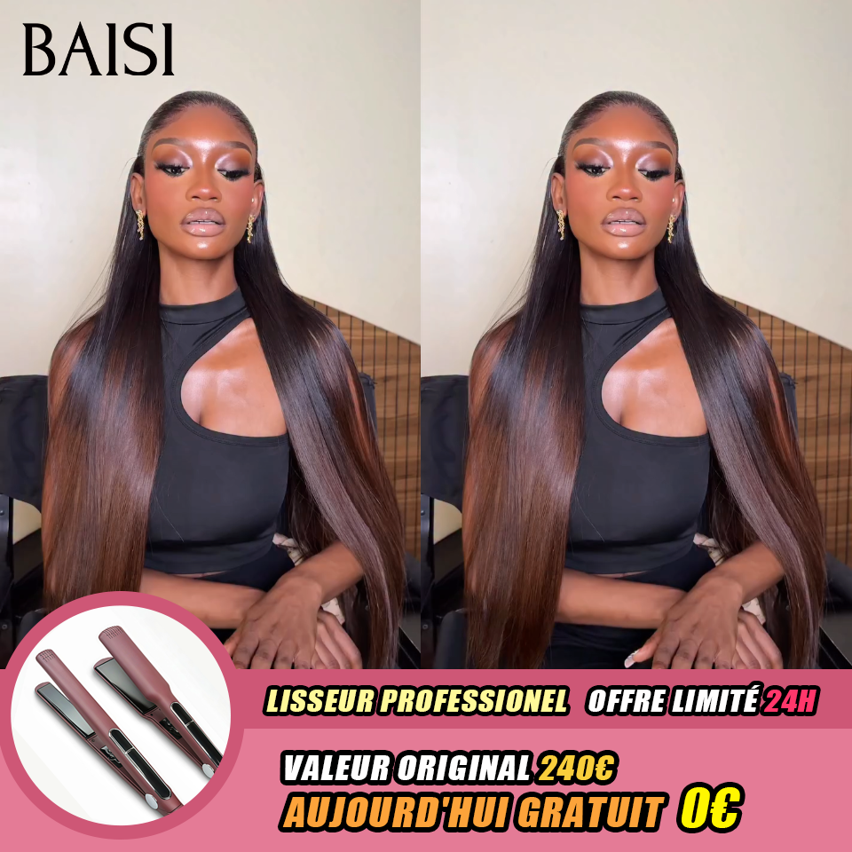 BAISI 13x4 lace frontal Lisse Marron 1BT4# 1 Perruque 18P + 1 Lisseur Pro = 145€ En 100% Vrais Cheveux Humais Code : BS120