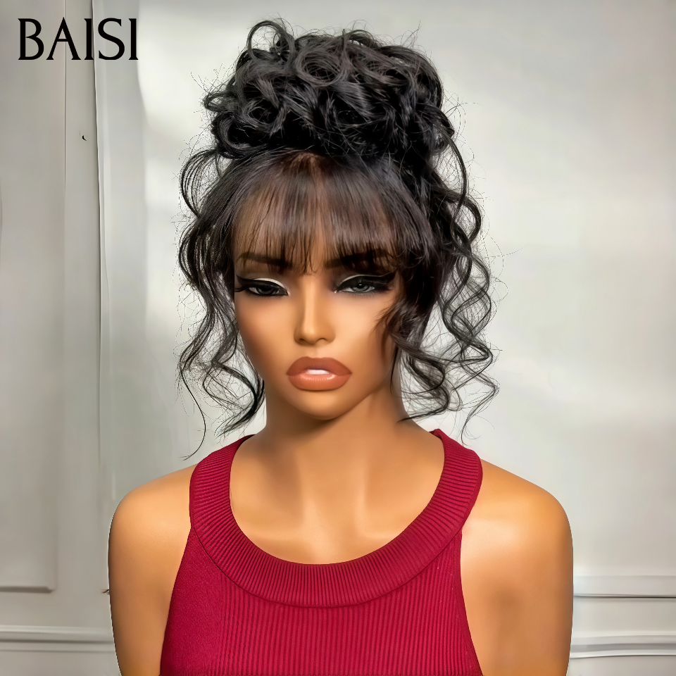 Nouveau produit Moitié prix 13x4 lace frontal Perruque Body wave avec Frange PROMO 1 perruque avec 3 coiffure en couleur NOIR en 100% Cheveux Humains