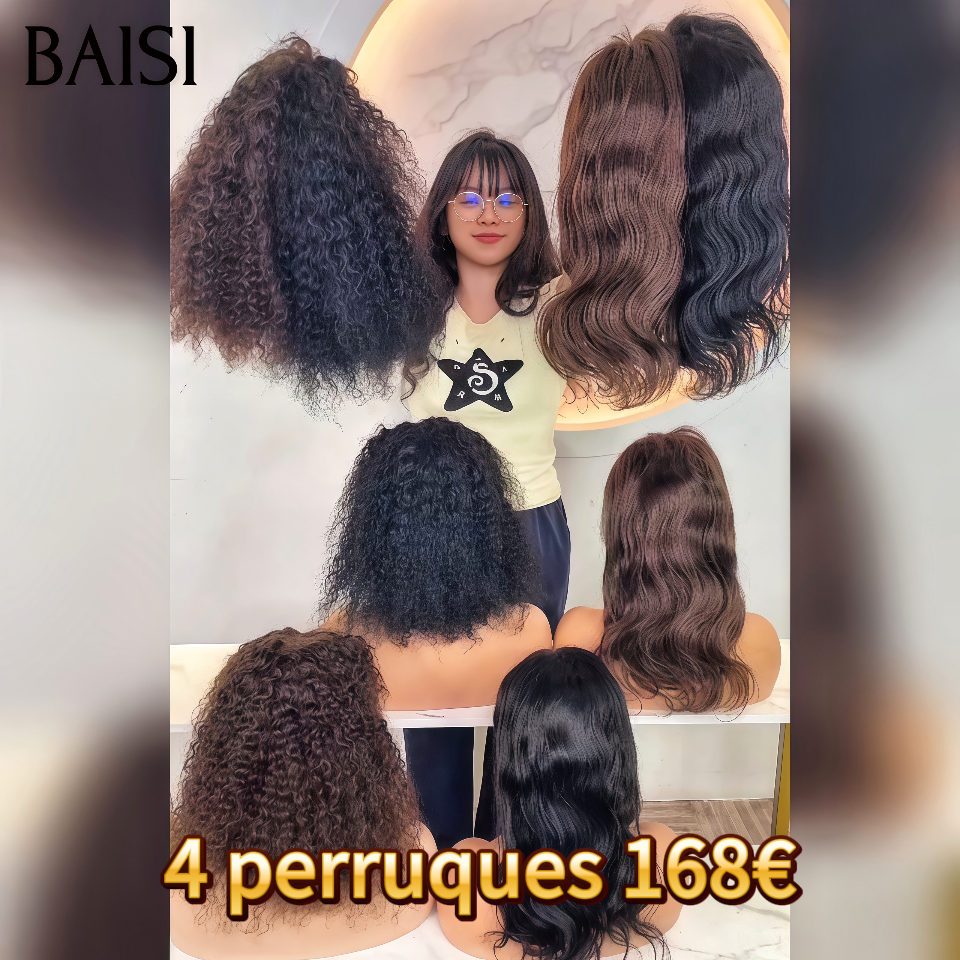 BAISI Promo limitée 4 perruques 168€ 14 pouces 13x4 lace frontal curly wave et body wave en 2 couleurs NOIR et marron en 100% vrais cheveux humains