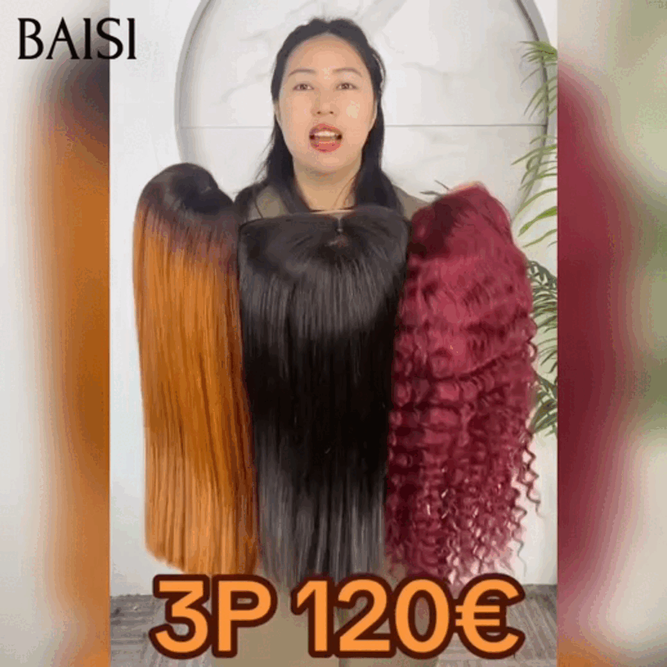 BAISI pour revendre 3 perruques 120€ 13x4 lace frontal Lisse en 2 couleurs NOIR et Miel et deep wave Bordeaux en 100% vrais cheveux humains