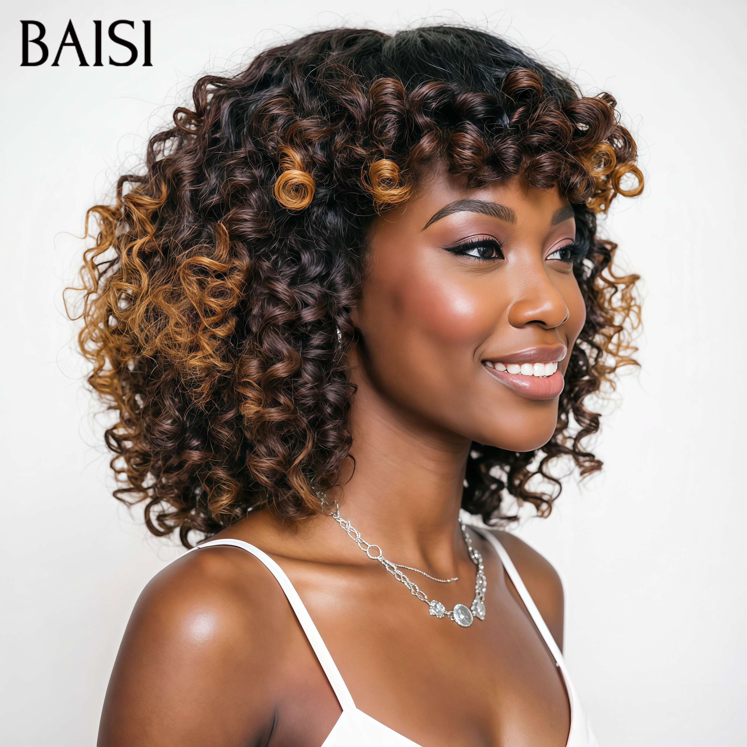 Sans Colle Perruque boucle egg wave avec Frange 72€ Moitié prix produit BOB en couleur NOIR Mixte Miel en 100% Cheveux Humains
