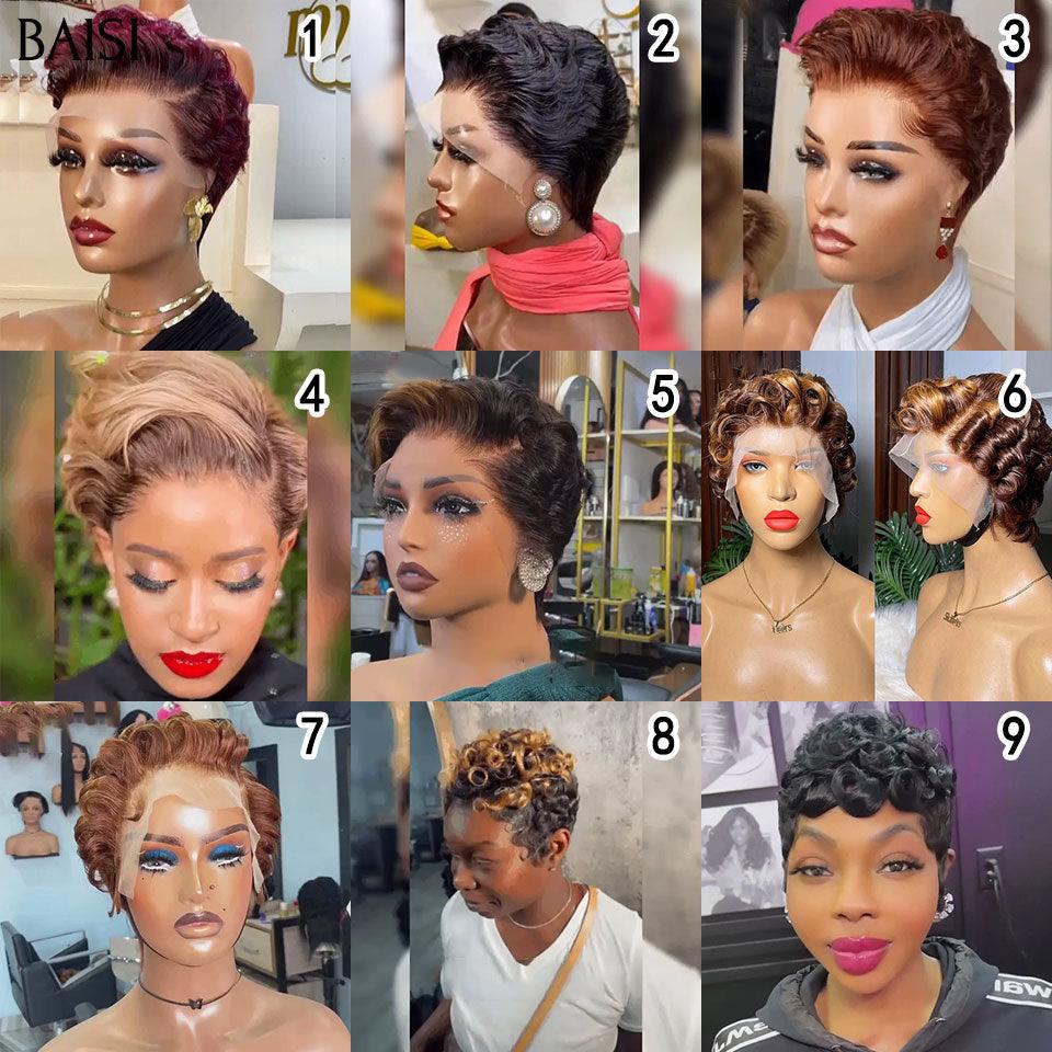 BAISI 3 perruques au choix 99€ ajouter dans le panier un par un au prix d'usine fournisseur coiffure Personnalisée boucle sans colle ou 13X4 lace 9 différentes types de perruques pixie vente en gros pour revendre (Pas Besoin de Code)