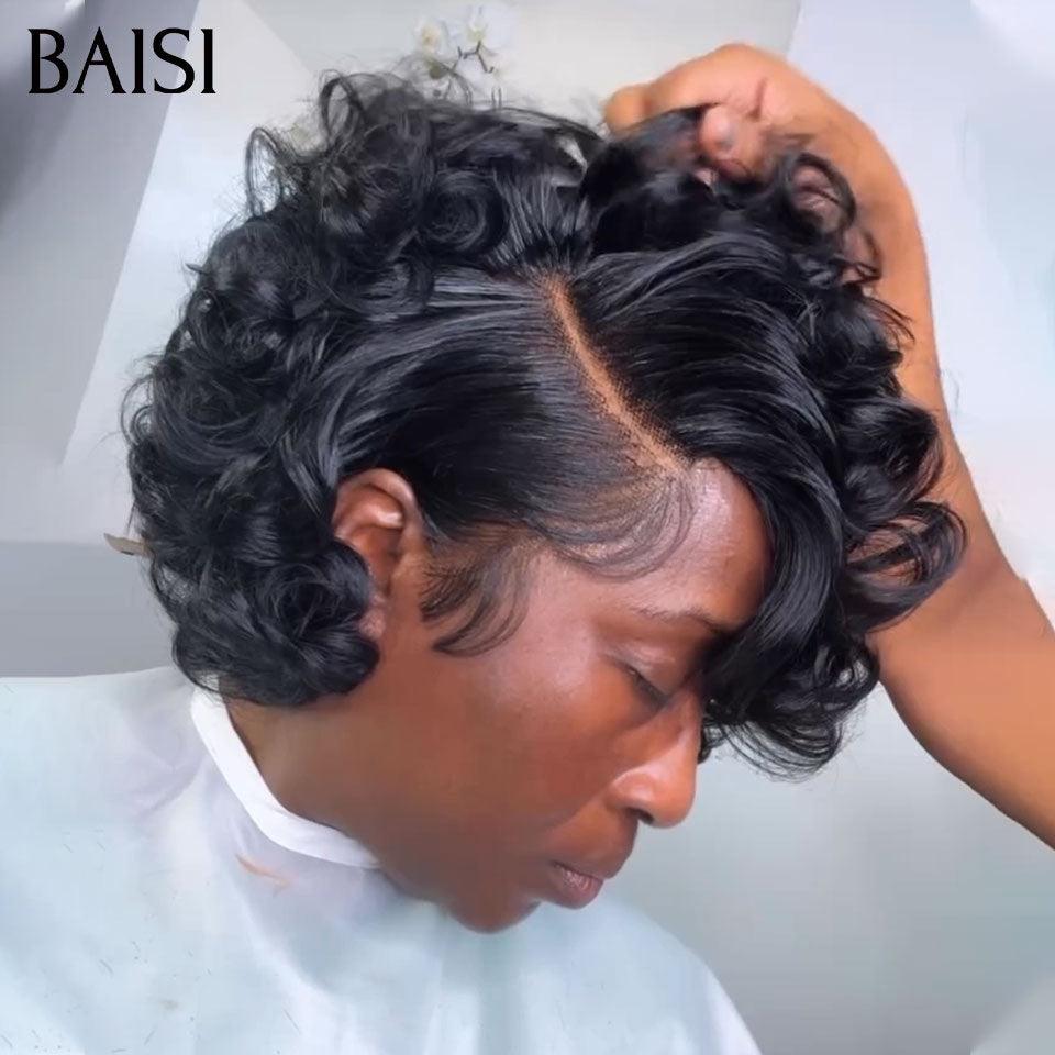 BAISI Perruque 4X4 lace bob Curly 8 Pouces Raie sur le côté 1B# 86€ en 100% Cheveux Humains FR20