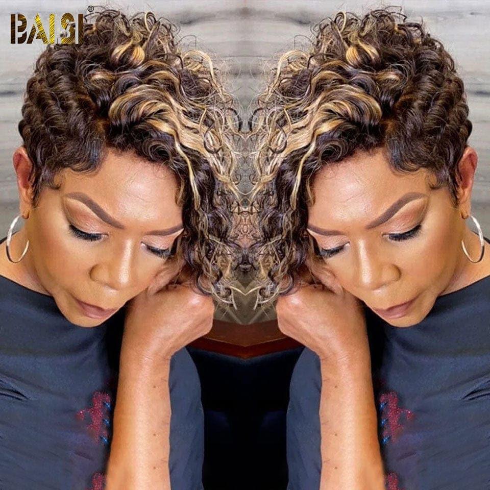 BAISI 5X5 Perruque pixie Vague curly En Couleur Miel avec Racine Marron 4T27# 99€ en 100% Cheveux Humains