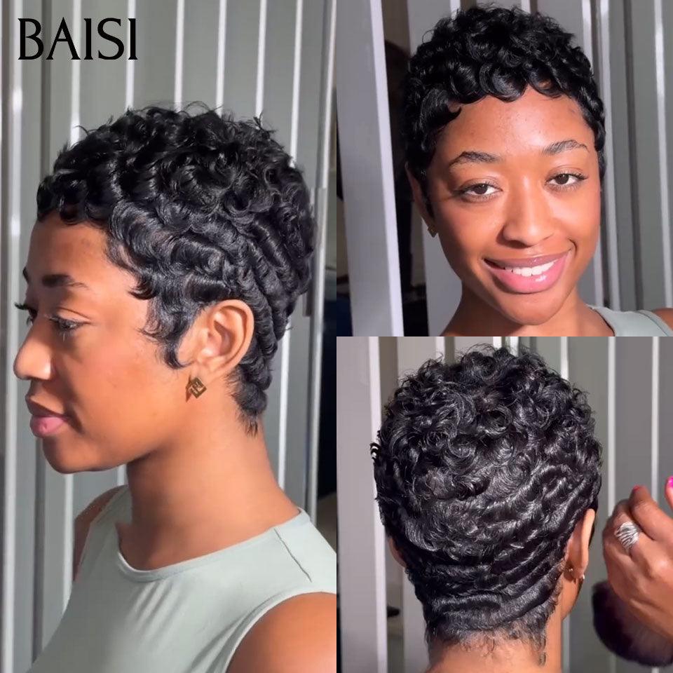 BAISI Perruque Pixie wave NOIR 46€ en France moitié prix sans colle sans lace 100% Cheveux Humains Fabriqué à la Machine MP50