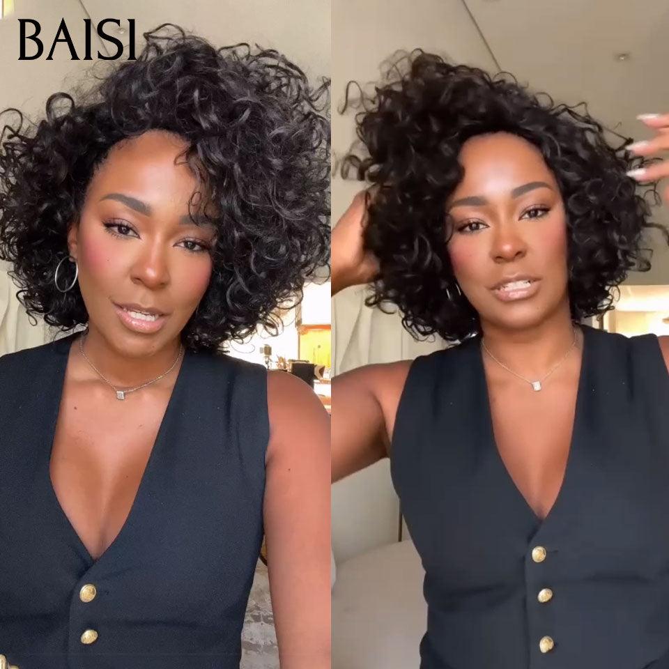 BAISI Promo sans Colle pixie curl 55€ ou 86€ 12 Pouces Perruque Bouclée Water Wave Sans Lace Sans Colle en 100% Cheveux Humains Fabriqué à la Machine