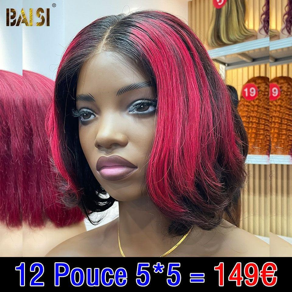 BAISI Grande Promo 13x4 Frontale Lace Perruque BOB Lisse 119€ en Couleur 99J# Bordeaux ou 5X5 Lace Perruque BOB Lisse 149€en Couleur 1Bmix99J# ou marron En 100% Cheveux Humains D Code: FR38