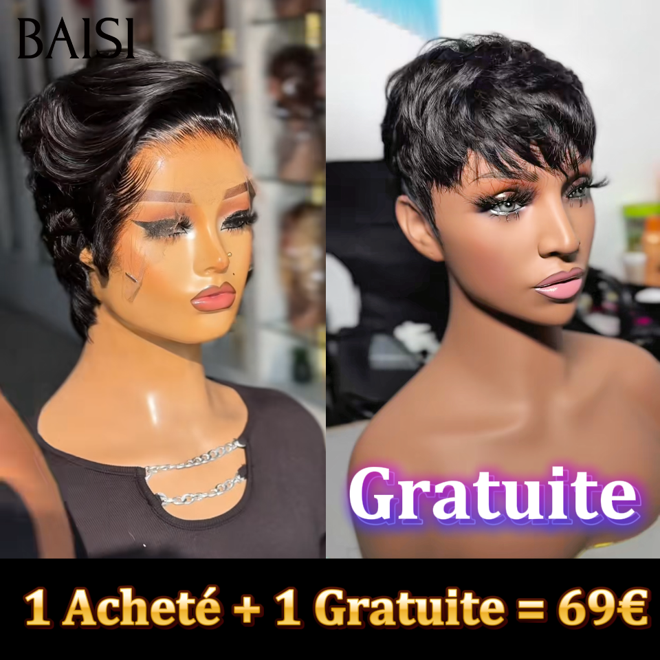 BAISI 1 Acheté + 1 Gratuite = 69€ 13x4 lace et sans colle pixie lisse en France en 100% vrais cheveux humains
