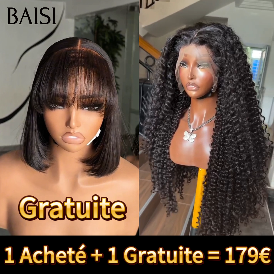 BAISI HAIR FR Perruque 1 Acheté + 1 Gratuite = 179€ 2x4 lisse bob avec frange et 13x4 curly wave 22 pouces Vente En Gros 100% Cheveux Humains