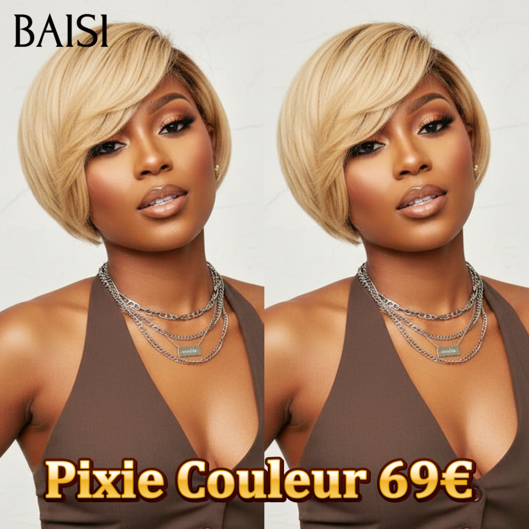 BAISI PROMOTION Pixie Couleur 69€ ou Noël 69€ Perruque 4X4 lace pixie Lisse NOIR Moitié Prix 8 Pouces en 100% Cheveux Humains MP50