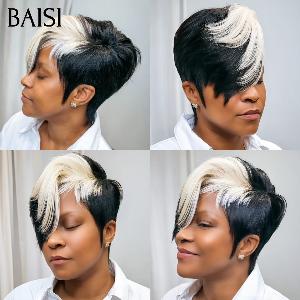 BAISI Perruque Pixie à la Mode 85€ Lisse Noir et blanc sans Colle Fabriqué à la Machine Moitié Prix Facile à porter en 100% Cheveux Humains