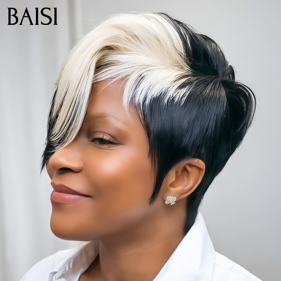 BAISI Perruque Pixie à la Mode 85€ Lisse Noir et blanc sans Colle Fabriqué à la Machine Moitié Prix Facile à porter en 100% Cheveux Humains