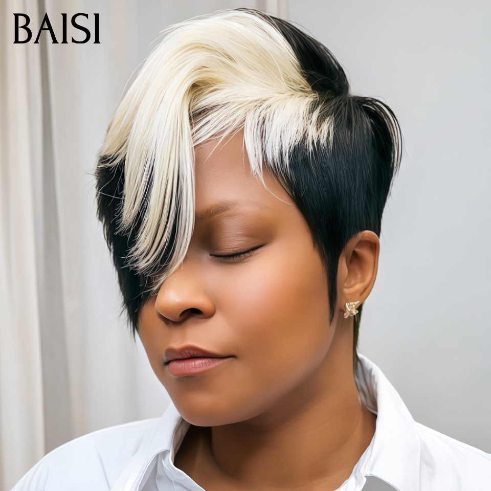BAISI Perruque Pixie à la Mode 85€ Lisse Noir et blanc sans Colle Fabriqué à la Machine Moitié Prix Facile à porter en 100% Cheveux Humains