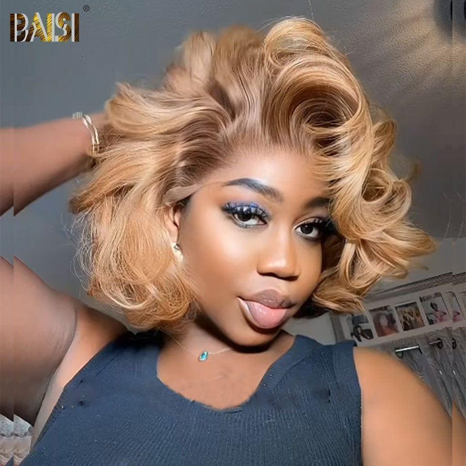 BAISI 13x4 Frontal Perruque Livraison En 48H TVA 0€ grosse boucles 12 pouces 250% densité En Couleur Miel avec Racine Marron 4T27# 139€ en 100% Vrais Cheveux Humains