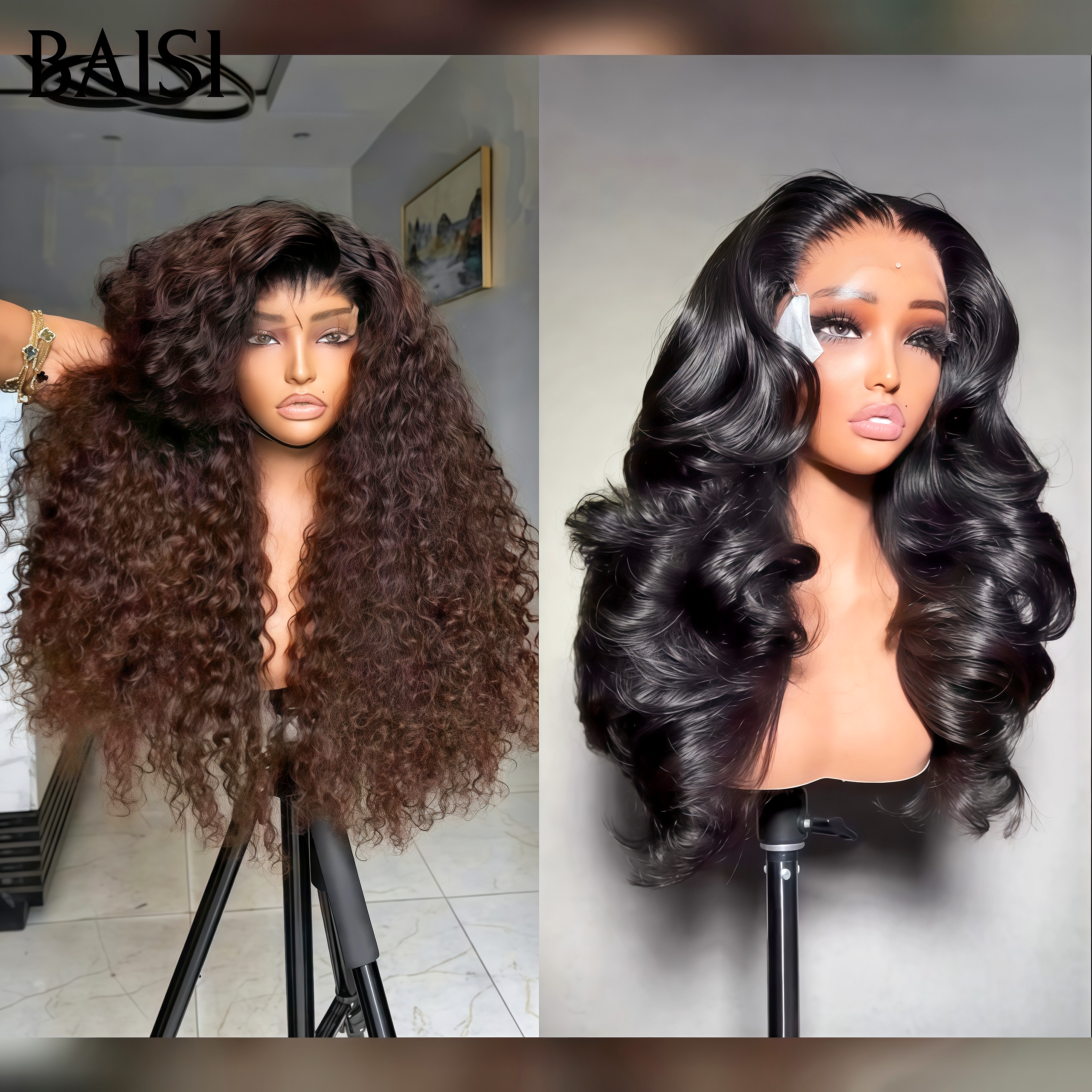BAISI 2 Perruques 200€ Jessica deep wave en marron et Monica body wave en noir en 100% Cheveux Humains