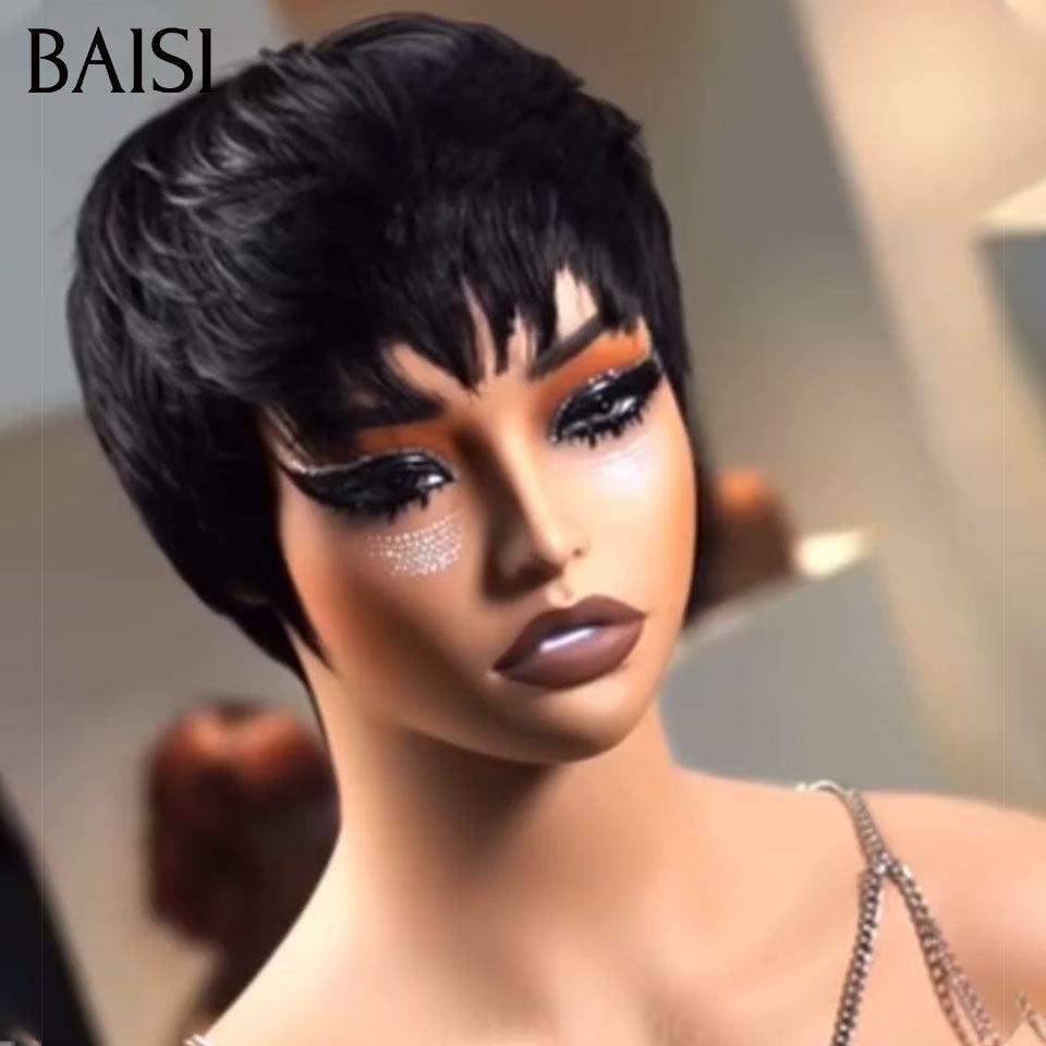 BAISI Perruque Lisse NATUREL Pixie à la mode moitié prix 47€ sans Colle en 100% Cheveux Humains MP50