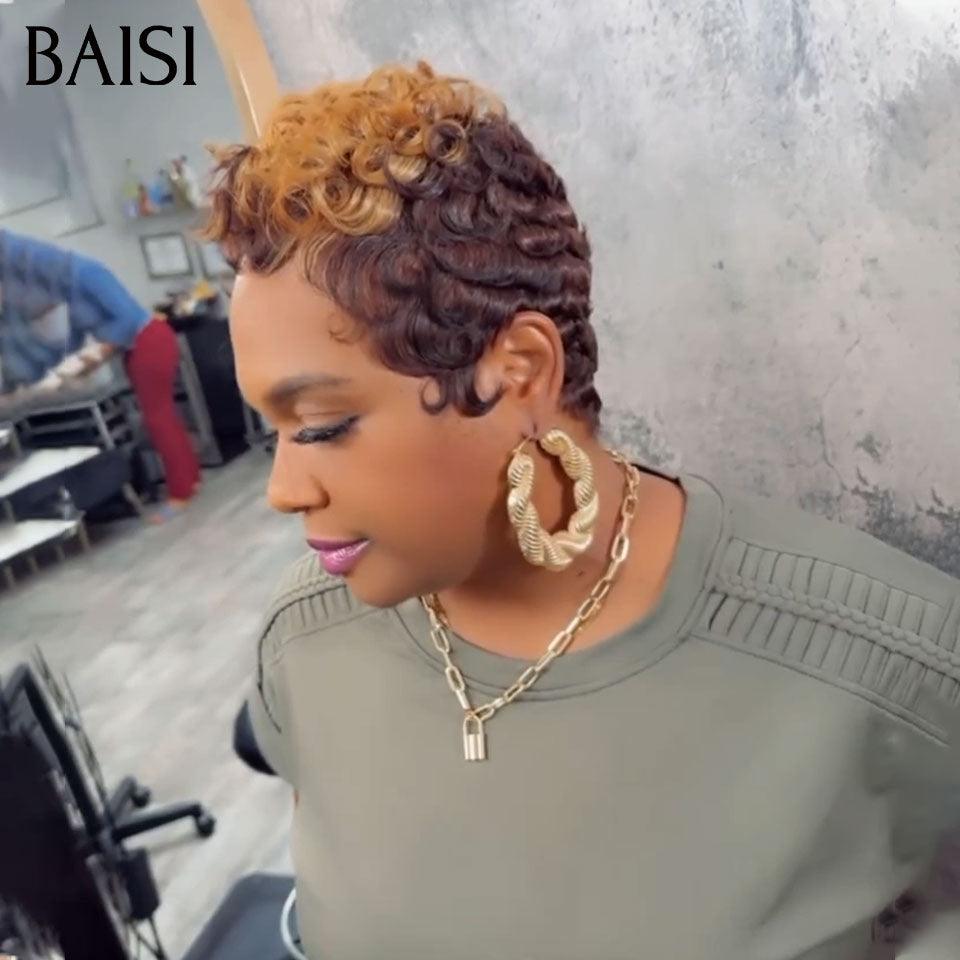 BAISI Perruque Pixie finger wave en couleur NOIR 38€ ou 4/27# 75€ sans colle sans lace 100% Cheveux Humains Fabriqué à la Machine BS60