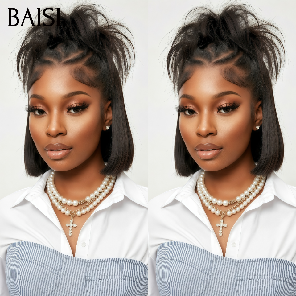 Nouveau produit Coiffure à la Mode 88€ 13x4 lace frontal Perruque bob 10 pouce Lisse avec coiffure tressée natte en 100% Cheveux Humains