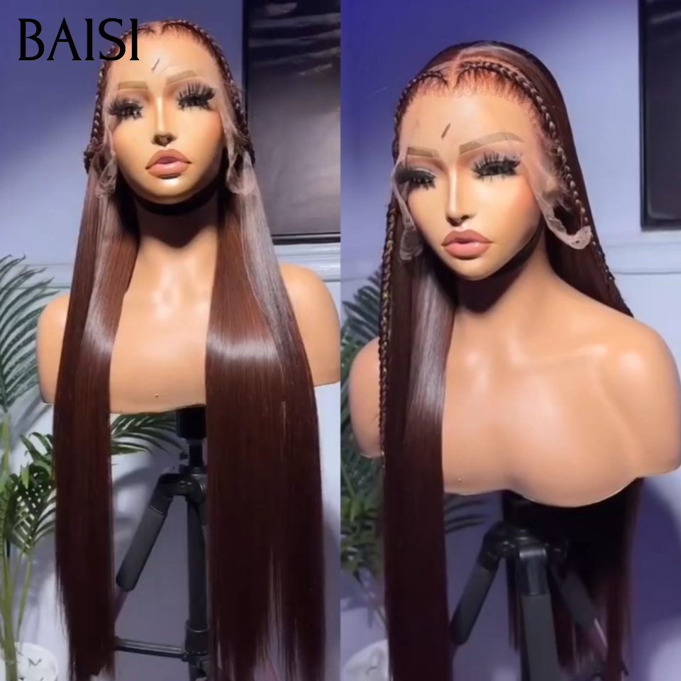 BAISI Perruque 13x4 Lace Frontale Personnalisée Couleur 4# Lisse avec coiffure tressée De Haute Qualité, Livraison Gratuite