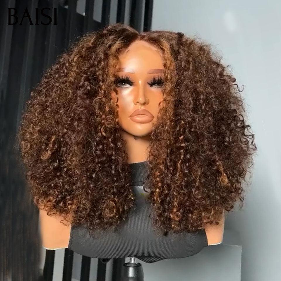 BAISI 13X4 lace perruque kinky curly frontale 20 pouces 229€ 300% densité en Couleur marron 4#mix30# 100% cheveux humains