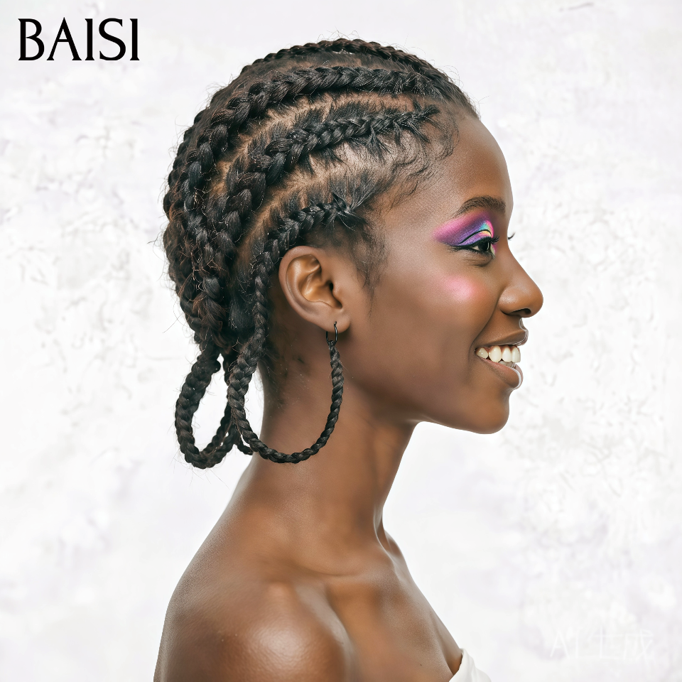 BAISI Moitié Prix 169€ Perruque Full lace avec coiffure tressée natte NOIR Style personnalisé en 100% Cheveux Humains