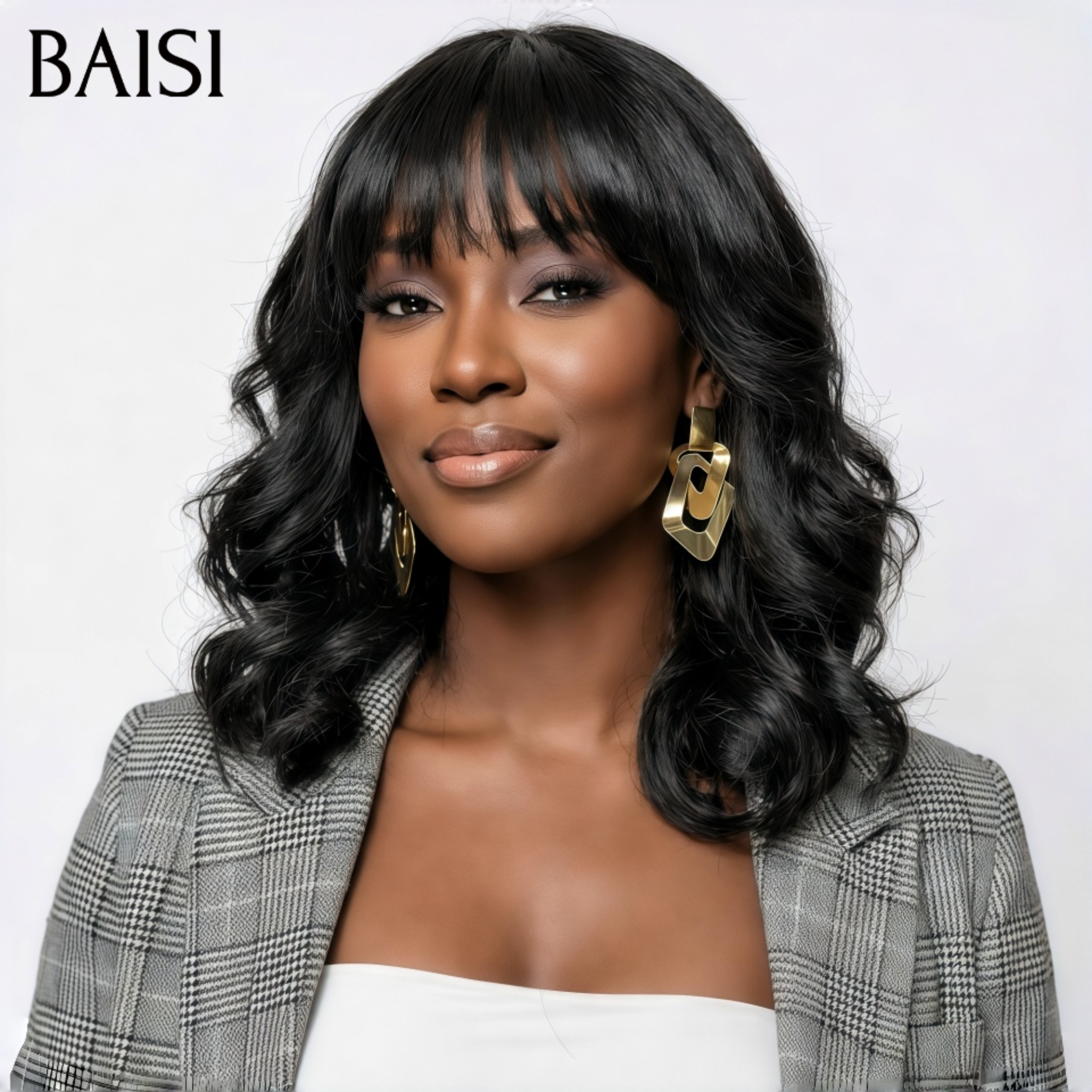 BAISI Bob Perruque Avec Frange Ondulé Body Wave 100% Cheveux Humains