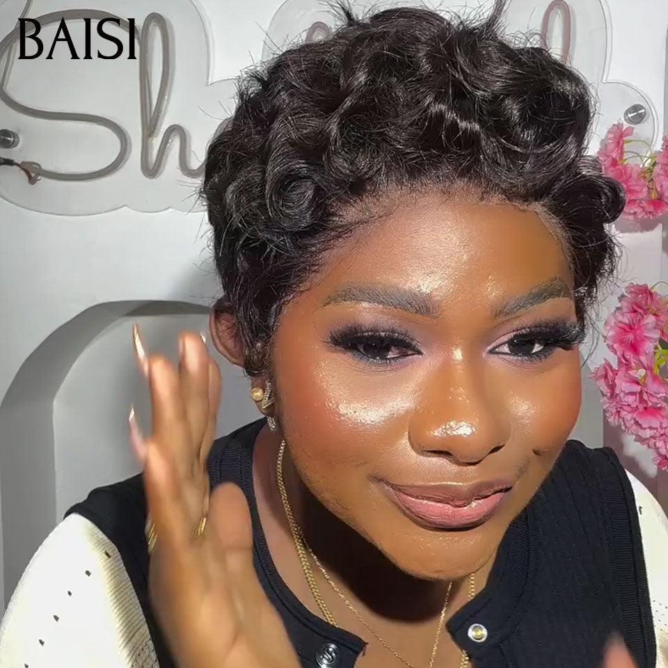 BAISI sans Colle water wave Mixte Miel 50€ ou 13X4 lace Perruque Pixie finger wave en Couleurs NOIR 56€ En 100% Cheveux Humains FR38